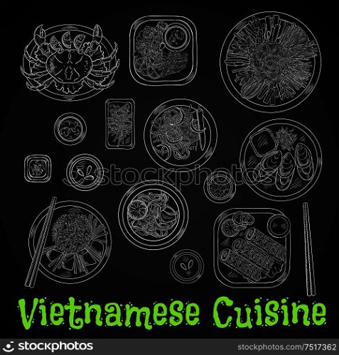Vietnamese seafood dinner chalk sketch icon with rice and fresh vegetables, grilled crab and mussels, deep fried shrimps and spring rolls in sesame seeds, spicy carrot and prawn salads, rice noodles and fried fish drawing on chalkboard . Vietnamese dinner chalk sketch on blackboard