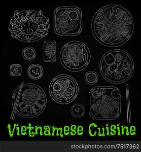 Vietnamese seafood dinner chalk sketch icon with rice and fresh vegetables, grilled crab and mussels, deep fried shrimps and spring rolls in sesame seeds, spicy carrot and prawn salads, rice noodles and fried fish drawing on chalkboard . Vietnamese dinner chalk sketch on blackboard