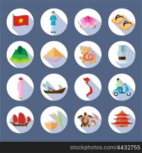 Vietnamese Symbols Flat Round Icons Set. Vietnamese national symbols culture cuisine traditions flat round slant shadow icons collection abstract isolated vector illustration