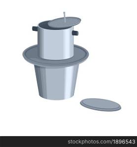 Vietnamese traditional coffee dripper. Coffee maker. Dripping hot coffee brewing system. Flat cartoon. Isolated vector EPS10.