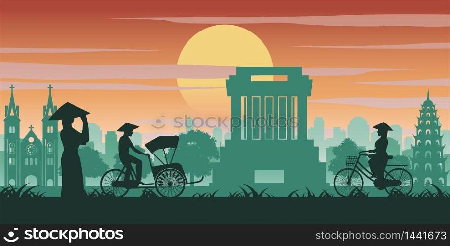 Vietnamese woman and man ride bicycle pass landmark of Vietnam,vintage color with sunset time tone,vector illustration