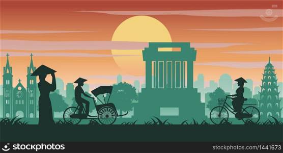 Vietnamese woman and man ride bicycle pass landmark of Vietnam,vintage color with sunset time tone,vector illustration