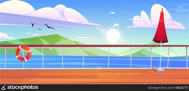 View from cruise ship deck to seascape with mountains on horizon. Ocean landscape with rocks and birds. Vector cartoon illustration of wooden boat deck or quay with railing, umbrella and lifebuoy. View from cruise ship deck to sea with mountains