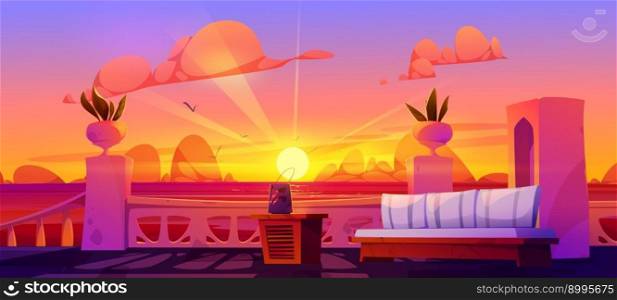 View from hotel terrace at sunrise over seawater. Vector cartoon illustration of beautiful evening seascape, seagulls flying in orange sky, wooden couch on mediterranean balcony Tropical island resort. View from hotel terrace at sunrise over seawater