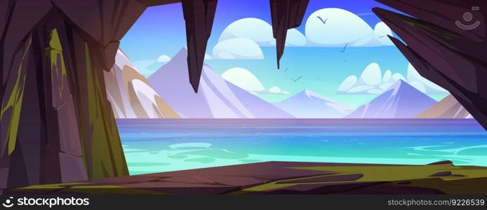 View from mountain cave at blue lake surface. Vector cartoon illustration of beautiful rocky range, calm turquoise water under sunny sky with clouds and birds flying. Adventure game background. View from mountain cave at with blue lake