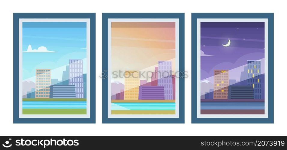 View from windows. Day time, morning evening night downtown. City outside vector illustration. Landscape downtown morning and night time, cityscape architecture panorama. View from windows. Day time, morning evening night downtown. City outside vector illustration