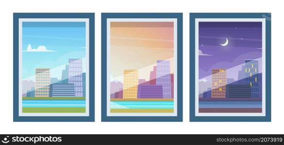 View from windows. Day time, morning evening night downtown. City outside vector illustration. Landscape downtown morning and night time, cityscape architecture panorama. View from windows. Day time, morning evening night downtown. City outside vector illustration