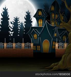 View of a haunted house with the background of a full moon