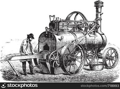 View of a portable engine heater with straw, vintage engraved illustration. Industrial encyclopedia E.-O. Lami - 1875.