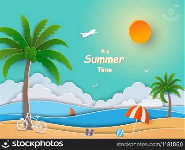 View of blue sea in summer time concept,paper art design with beach,coconut tree,umbrella,ball,bicycle and sandals,vector illustration