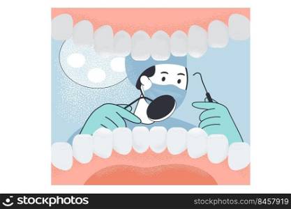 View of dentist with instruments from oral cavity with teeth. Flat vector illustration. Patient opening mouth in front of doctor with mask on his face. Medicine, health care, checkup, hygiene concept