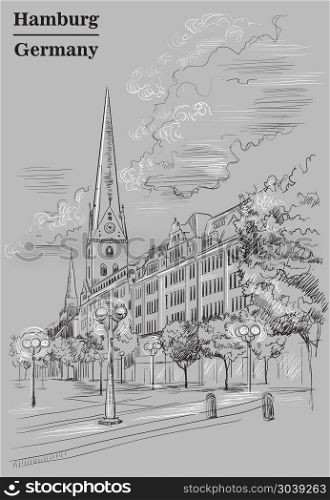 View of Hauptkirche St. Peter&rsquo;s Church in Hamburg, Germany. Landmark of Hamburg. Vector hand drawing illustration in black and white colors isolated on grey background.. View of the Church Hauptkirche Sankt Petri in Hamburg, grey