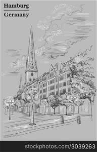 View of Hauptkirche St. Peter&rsquo;s Church in Hamburg, Germany. Landmark of Hamburg. Vector hand drawing illustration in black and white colors isolated on grey background.. View of the Church Hauptkirche Sankt Petri in Hamburg, grey
