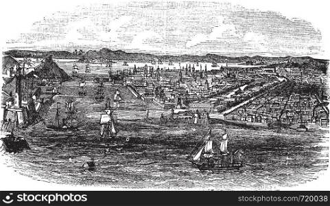 View of havana city, Cuba vintage engraving. Old engraved illustration of havana cityscape and boats at sea during 1890s.