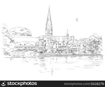 View of St. Mary&rsquo;s Church in Lubeck in Germany. Vector monochrome illustration isolated on white background.. View of St. Mary&rsquo;s Church in Lubeck