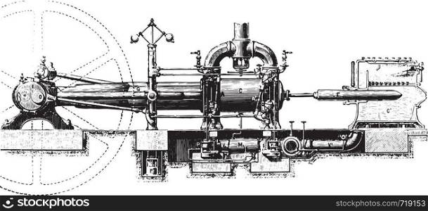 View of the Corliss machine, vintage engraved illustration. Industrial encyclopedia E.-O. Lami - 1875.