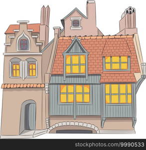 View of the facades of old traditional stone houses with tiled roofs. Bruges. Belgium.. Traditional stone medieval houses in the city Bruges.