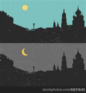 View of the heritage Russian city day and night. The old Russian city vector illustration. Day and night view.
