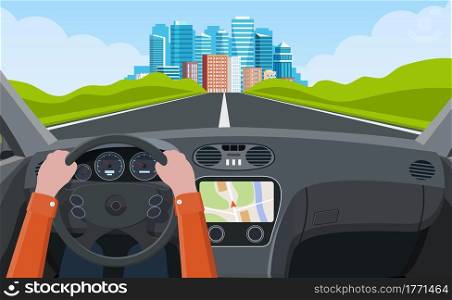 View of the road from the car interior. Road way to city buildings on horizon. Hands on Steering Wheel, inside car driver. modern big skyscrapers town far away ahead. Vector illustration in flat style. Vehicle salon, inside car driver