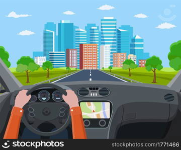 View of the road from the car interior. Road way to city buildings on horizon. Hands on Steering Wheel, inside car driver. modern big skyscrapers town far away ahead. Vector illustration in flat style. Vehicle salon, inside car driver