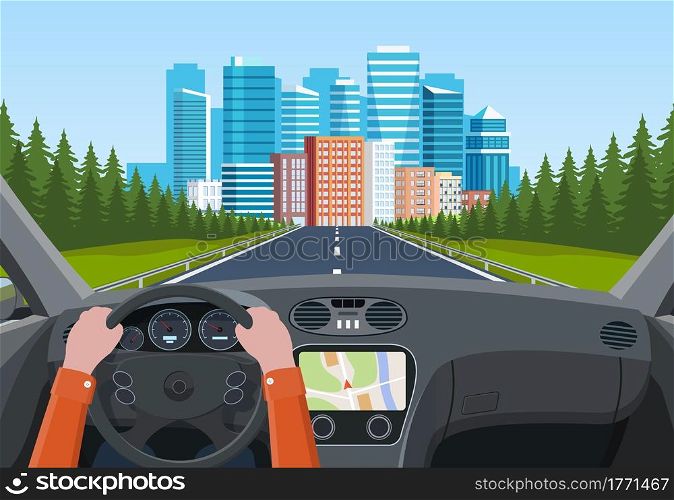 View of the road from the car interior. Road way to city buildings on horizon. Hands on Steering Wheel, inside car driver. modern big skyscrapers town far away ahead. Vector illustration in flat style. Vehicle salon, inside car driver