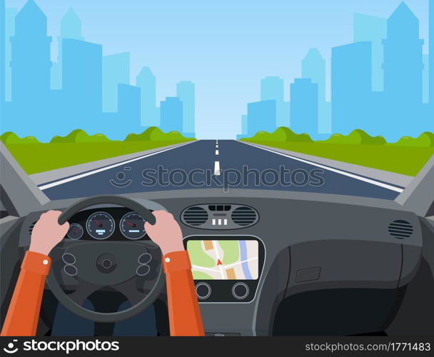 View of the road from the car interior. Road way to city buildings on horizon. Hands on Steering Wheel, inside car driver. modern big skyscrapers town far away ahead. Vector illustration in flat style. Vehicle salon, inside car driver