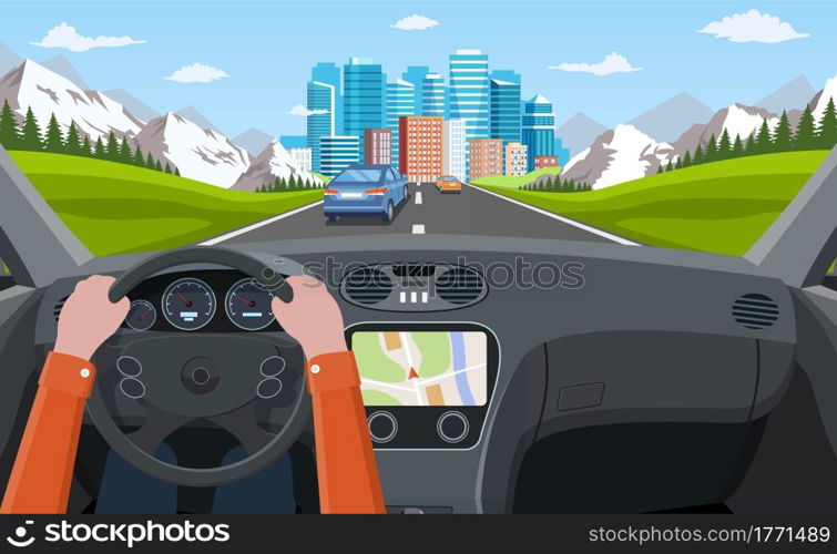 View of the road from the car interior. Road with cars.. Hands on Steering Wheel, inside car driver. modern big skyscrapers town far away ahead. Vector illustration in flat style. Vehicle salon, inside car driver