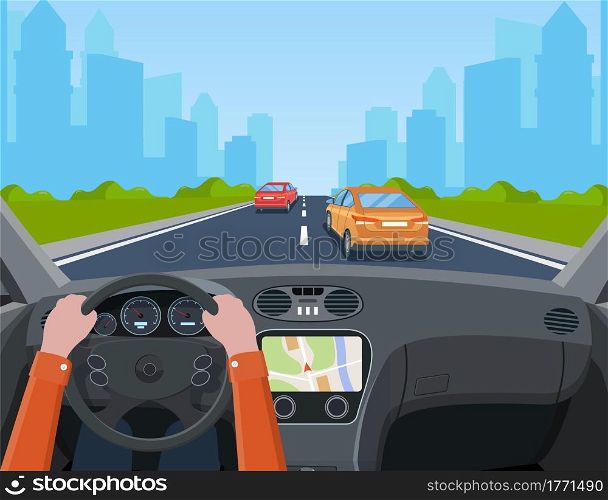 View of the road from the car interior. Road with cars.. Hands on Steering Wheel, inside car driver. modern big skyscrapers town far away ahead. Vector illustration in flat style. Vehicle salon, inside car driver