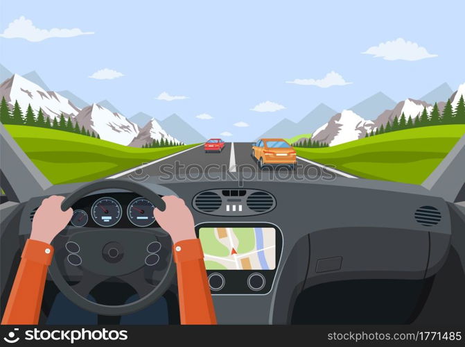 View of the road from the car interior. Vehicle salon, inside car driver . Road with cars. Hands on Steering Wheel. Car view steering and windshield. Vector illustration in flat style. Vehicle salon, inside car driver