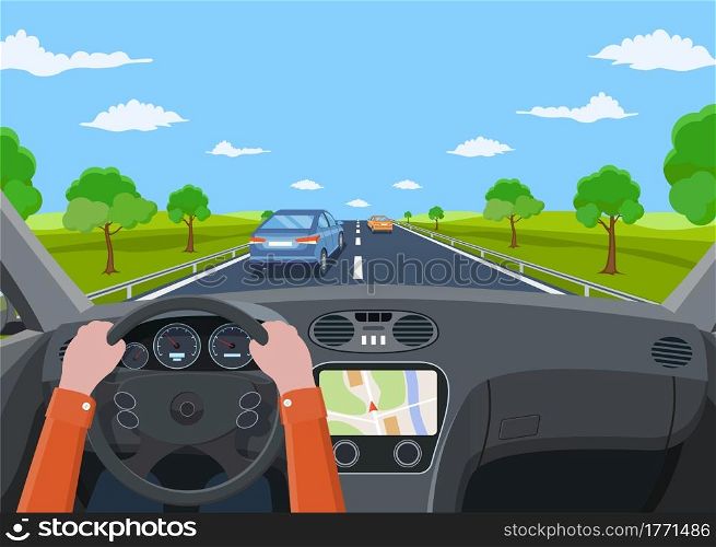 View of the road from the car interior. Vehicle salon, inside car driver . Road with cars. Hands on Steering Wheel. Car view steering and windshield. Vector illustration in flat style. Vehicle salon, inside car driver