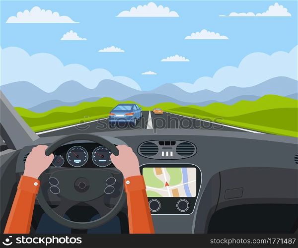 View of the road from the car interior. Vehicle salon, inside car driver . Road with cars. Hands on Steering Wheel. Car view steering and windshield. Vector illustration in flat style. Vehicle salon, inside car driver