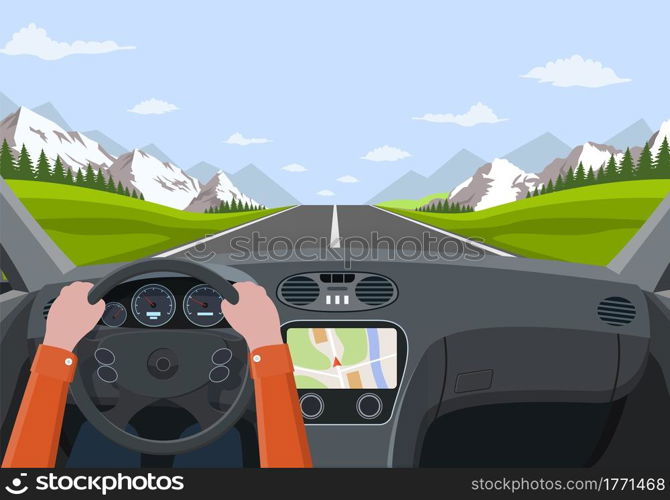 View of the road from the car interior. Vehicle salon, inside car driver . Driving simulator .Hands on Steering Wheel. Car view steering and windshield. Vector illustration in flat style. Vehicle salon, inside car driver