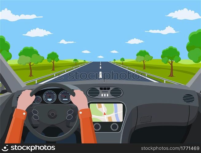 View of the road from the car interior. Vehicle salon, inside car driver . Driving simulator .Hands on Steering Wheel. Car view steering and windshield. Vector illustration in flat style. Vehicle salon, inside car driver