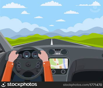 View of the road from the car interior. Vehicle salon, inside car driver . Driving simulator .Hands on Steering Wheel. Car view steering and windshield. Vector illustration in flat style. Vehicle salon, inside car driver