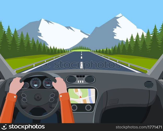 View of the road from the car interior. Vehicle salon, inside car driver . Driving simulator .Hands on Steering Wheel. Car view steering and windshield. Vector illustration in flat style. Vehicle salon, inside car driver