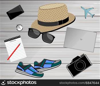 View of traveler&rsquo;s accessories. Travel concept background