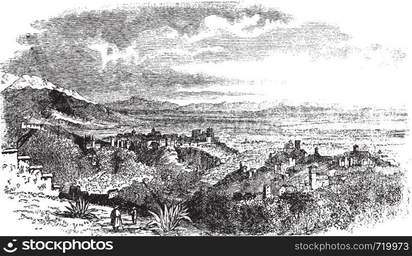 View of village at Granada, Andalusia, Spain vintage engraving. Old engraved illustration of countryside view of Granada,1890s.