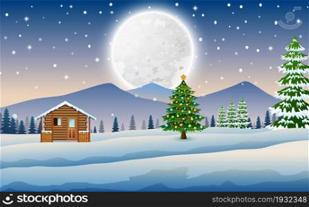 View of wooden houses and christmas trees in winter landscape
