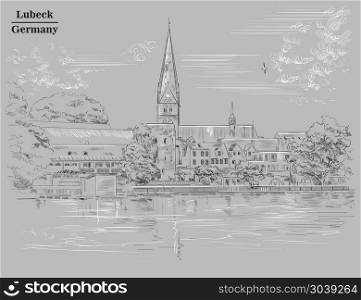 View on Church of St. Mary in Lubeck in Germany. Vector monochrome illustration isolated on grey background.. View on Church of St. Mary in Lubeck, grey