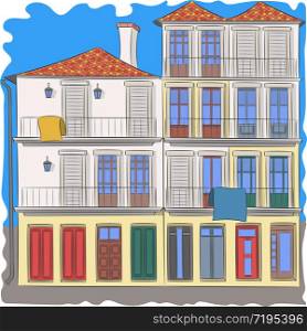 View on colorful facade of an old typical house in Porto. Portugal.. Colorful traditional house in Porto.