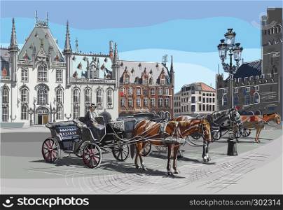 View on Grote Markt square in medieval city Bruges, Belgium. Landmark of Belgium. Horses, carriages and lanterns on market square in Bruges. Colorful vector engraving illustration.