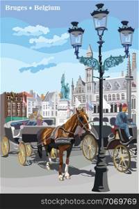 View on Grote Markt square in medieval city Bruges, Belgium. Landmark of Belgium. Horses, carriages and lanterns on market square in Bruges. Colorful vector illustration.