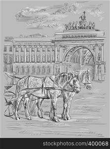 View on two horses and carriages, The Arch of Triumph on Palace Square in Saint Petersburg; Russia. Landmark of Saint Petersburg. Isolated vector hand drawing illustration in black and white colors on grey background.