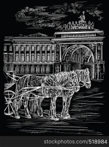 View on two horses and carriages, The Arch of Triumph on Palace Square in Saint Petersburg; Russia. Landmark of Saint Petersburg. Isolated vector hand drawing illustration in white color on black background.