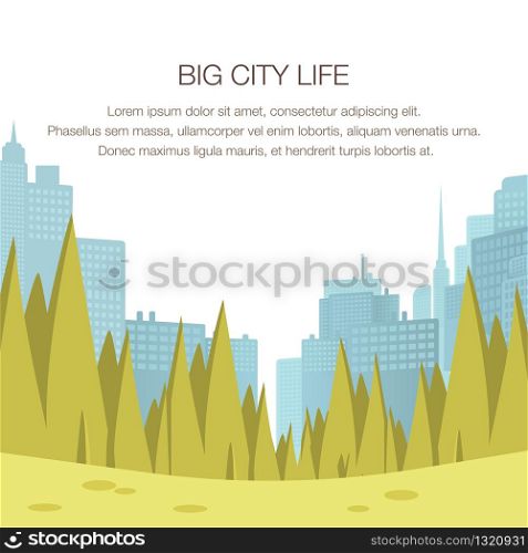 View Panorama City Park Center Big Metropolis. Banner Image Big City Life. Place to Relax Family Weekend, Holiday. Morning Fitness Workout Outdoor. Small Green Corner Large City. Building Silhouette