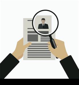 View Resume with magnifying glass. Hiring staff process. Vector simple illustration of recruitment.