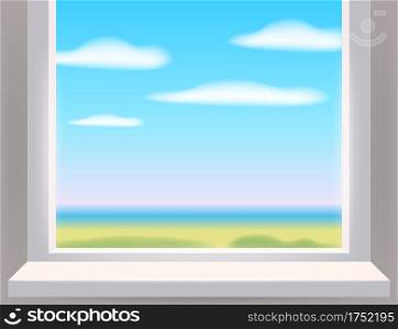 View through window view on landscape, spring. Vector illustration template realistic banner. View through window view on landscape, spring. Vector illustration template realistic