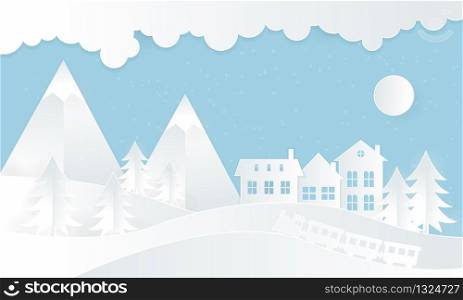 Views of housing in winter. winter illustrations with homes and steam trains. Paper art and digital craft style. Winter illustrations with homes and steam trains