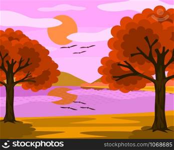 Views of the lake and the pink sky. The sun, clouds and trees with orange leaves. It is a beautiful natural image.