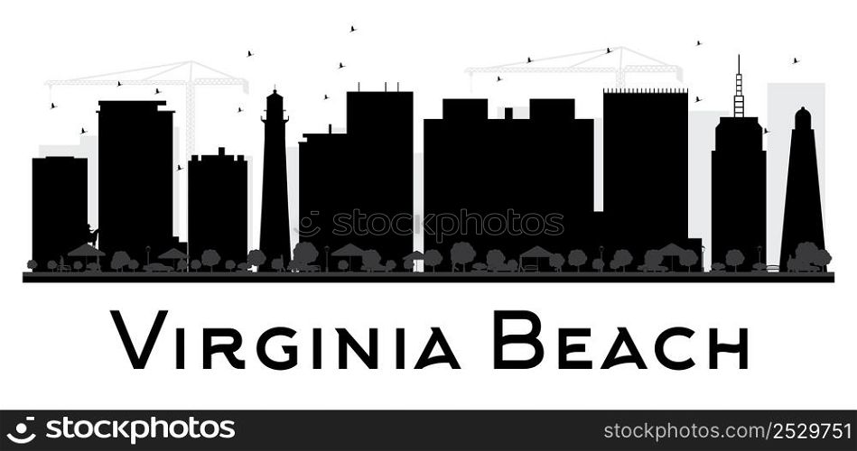 Viginia Beach City skyline black and white silhouette. Vector illustration. Simple flat concept for tourism presentation, banner, placard or web. Business travel concept. Cityscape with landmarks